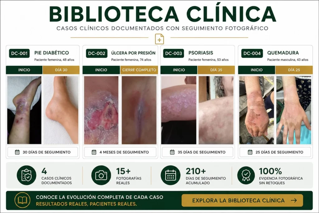 Biblioteca clínica con casos documentados de pie diabético, úlcera por presión, psoriasis y quemaduras con seguimiento fotográfico.