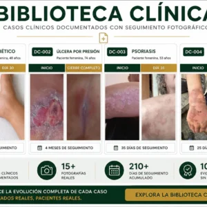 Biblioteca clínica con casos documentados de pie diabético, úlcera por presión, psoriasis y quemaduras con seguimiento fotográfico.